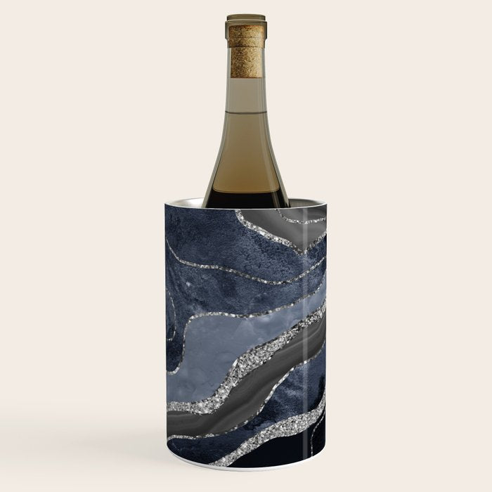Navy Blue Black Marble Agate Silver Glitter Glam #1 (Faux Glitter) #decor #art #society6 Wine Chiller Gallery Image 1