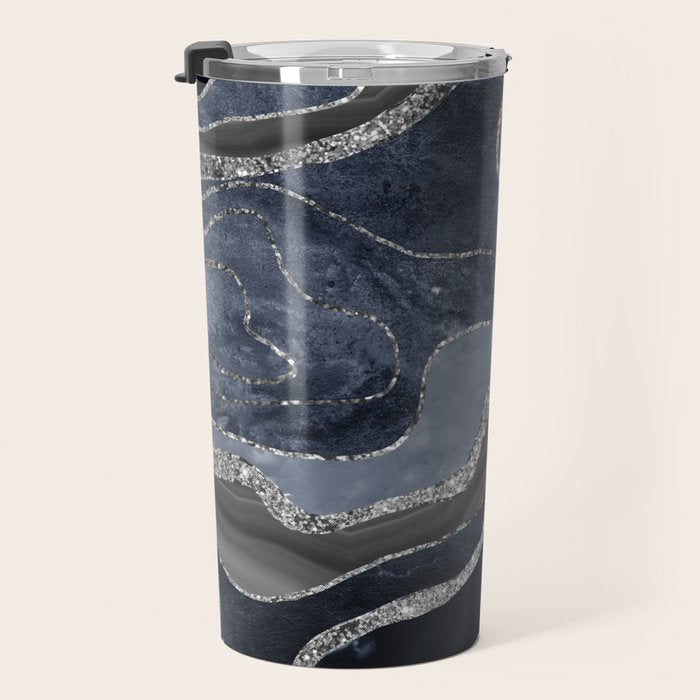 Navy Blue Black Marble Agate Silver Glitter Glam #1 (Faux Glitter) #decor #art #society6 Travel Mug Gallery Image 3