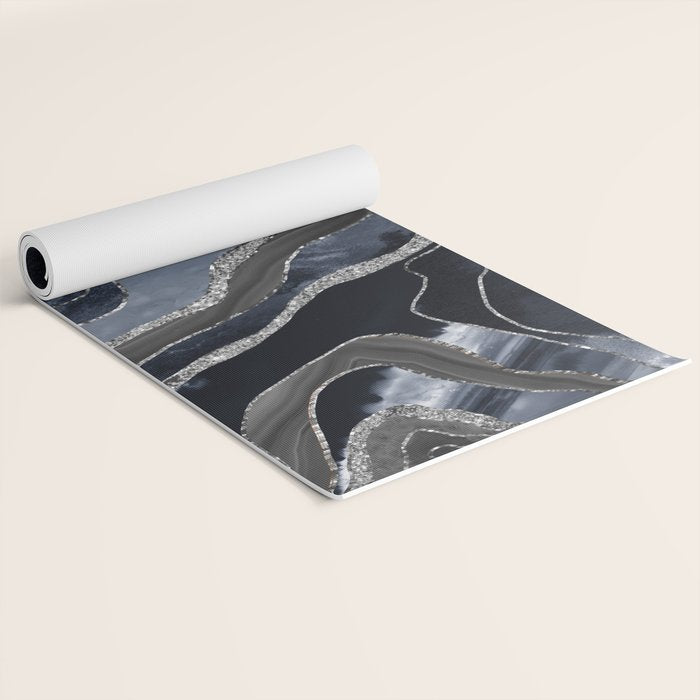 Navy Blue Black Marble Agate Silver Glitter Glam #1 (Faux Glitter) #decor #art #society6 Yoga Mat Gallery Image 2