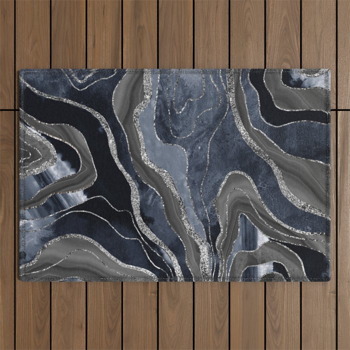 Navy Blue Black Marble Agate Silver Glitter Glam #1 (Faux Glitter) #decor #art #society6 Outdoor Rug Gallery Image 1