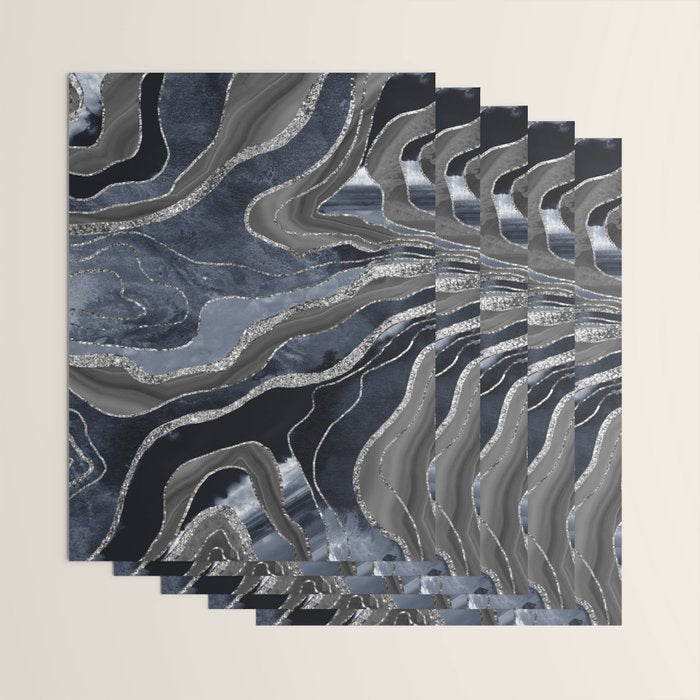 Navy Blue Black Marble Agate Silver Glitter Glam #1 (Faux Glitter) #decor #art #society6 Wrapping Paper Gallery Image 3