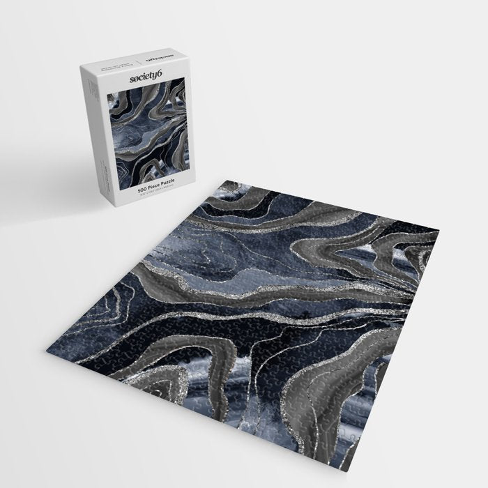 Navy Blue Black Marble Agate Silver Glitter Glam #1 (Faux Glitter) #decor #art #society6 Jigsaw Puzzle Gallery Image 2