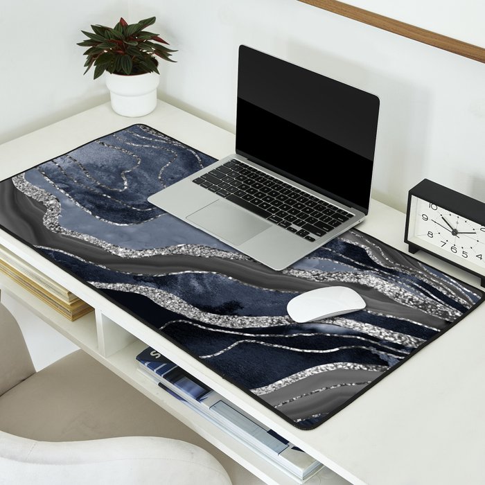 Navy Blue Black Marble Agate Silver Glitter Glam #1 (Faux Glitter) #decor #art #society6 Desk Mat Gallery Image 2