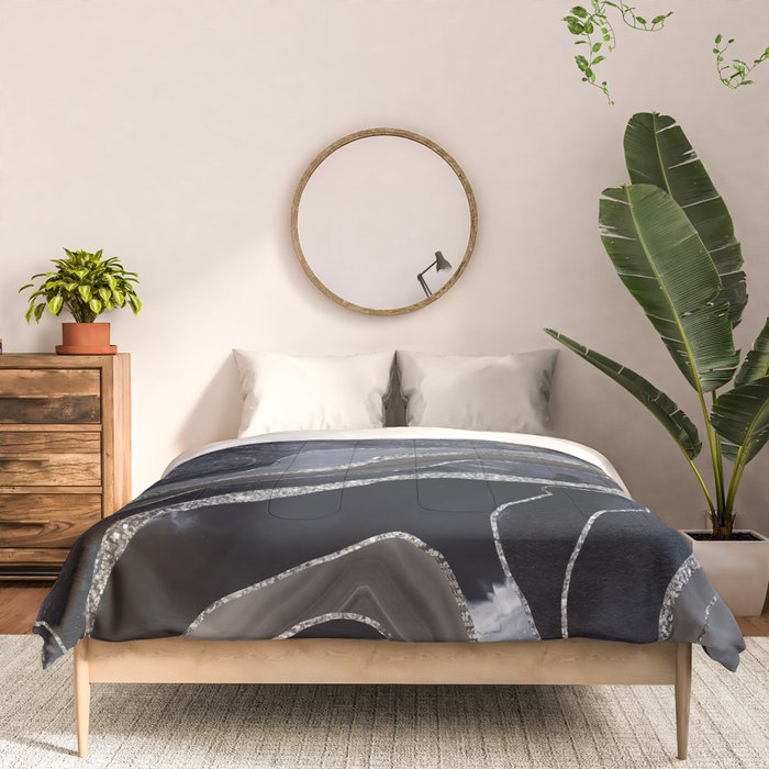 Navy Blue Black Marble Agate Silver Glitter Glam #1 (Faux Glitter) #decor #art #society6 Comforter Gallery Image 3