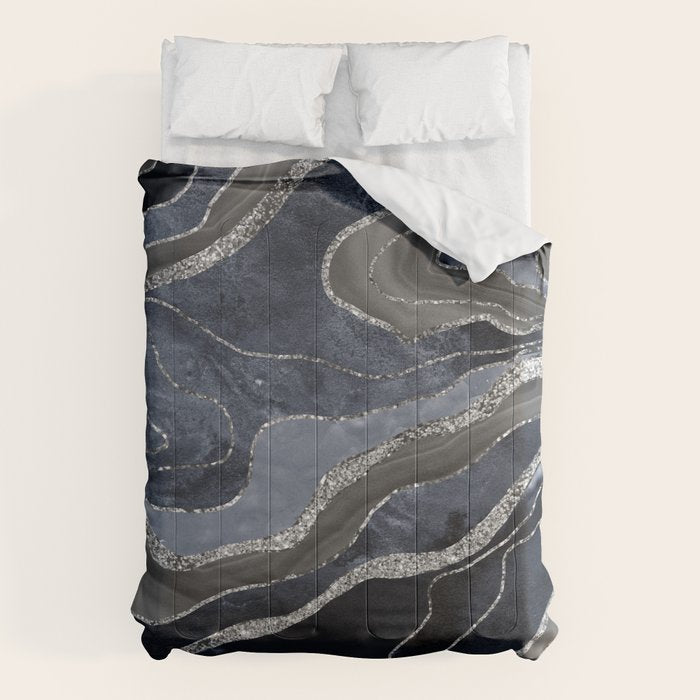 Navy Blue Black Marble Agate Silver Glitter Glam #1 (Faux Glitter) #decor #art #society6 Comforter Gallery Image 6
