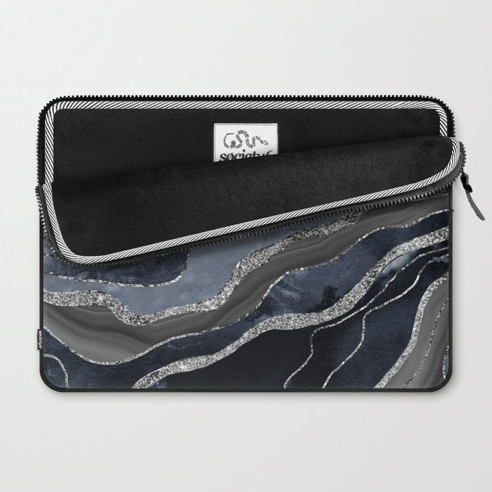 Navy Blue Black Marble Agate Silver Glitter Glam #1 (Faux Glitter) #decor #art #society6 Laptop Sleeve Gallery Image 2