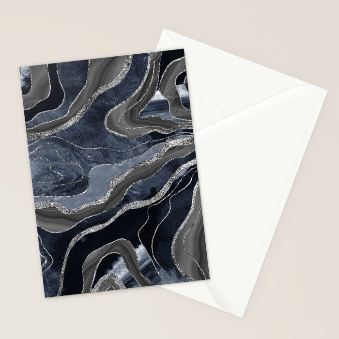 Navy Blue Black Marble Agate Silver Glitter Glam #1 (Faux Glitter) #decor #art #society6 Stationery Card Gallery Image 2