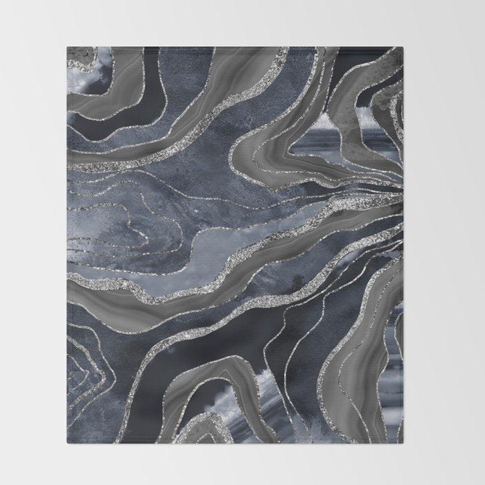 Navy Blue Black Marble Agate Silver Glitter Glam #1 (Faux Glitter) #decor #art #society6 Throw Blanket Gallery Image 2