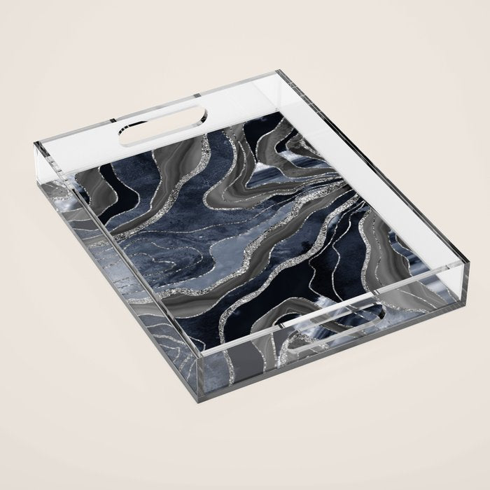 Navy Blue Black Marble Agate Silver Glitter Glam #1 (Faux Glitter) #decor #art #society6 Acrylic Tray Gallery Image 1