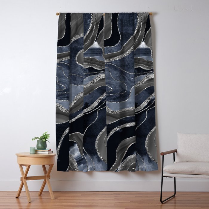 Navy Blue Black Marble Agate Silver Glitter Glam #1 (Faux Glitter) #decor #art #society6 Window Curtain Gallery Image 5