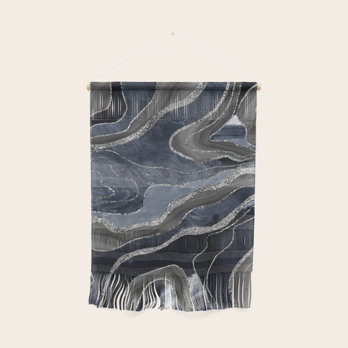 Navy Blue Black Marble Agate Silver Glitter Glam #1 (Faux Glitter) #decor #art #society6 Wall Hanging Gallery Image 1