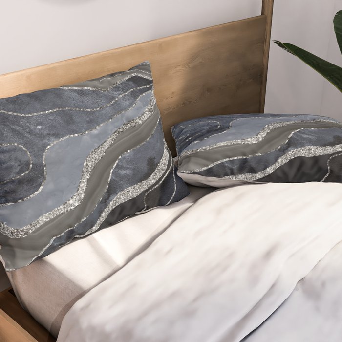 Navy Blue Black Marble Agate Silver Glitter Glam #1 (Faux Glitter) #decor #art #society6 Pillow Sham Gallery Image 2