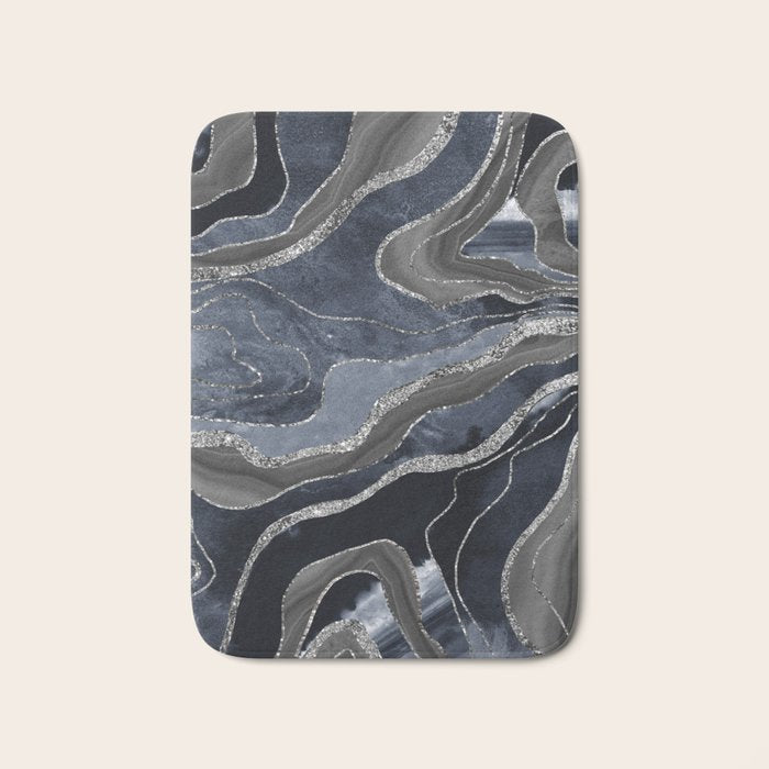 Navy Blue Black Marble Agate Silver Glitter Glam #1 (Faux Glitter) #decor #art #society6 Bath Mat Gallery Image 1