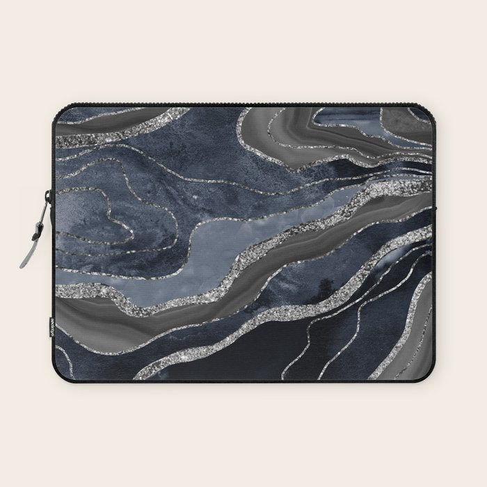 Navy Blue Black Marble Agate Silver Glitter Glam #1 (Faux Glitter) #decor #art #society6 Laptop Sleeve Gallery Image 1