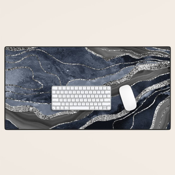 Navy Blue Black Marble Agate Silver Glitter Glam #1 (Faux Glitter) #decor #art #society6 Desk Mat Gallery Image 1