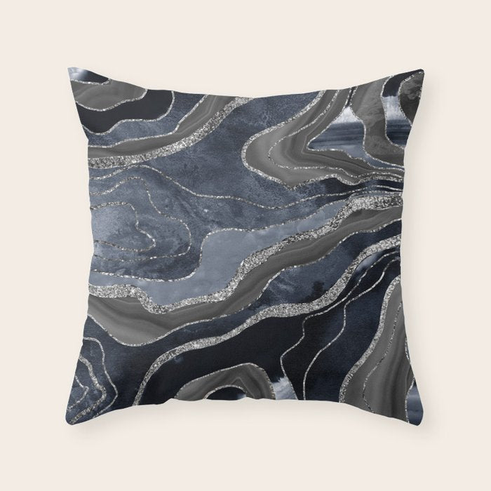 Navy Blue Black Marble Agate Silver Glitter Glam #1 (Faux Glitter) #decor #art #society6 Throw Pillow Gallery Image 1