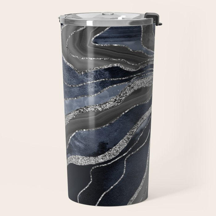 Navy Blue Black Marble Agate Silver Glitter Glam #1 (Faux Glitter) #decor #art #society6 Travel Mug Gallery Image 2