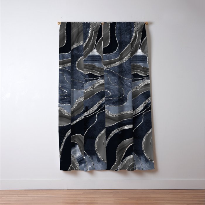 Navy Blue Black Marble Agate Silver Glitter Glam #1 (Faux Glitter) #decor #art #society6 Window Curtain Gallery Image 3