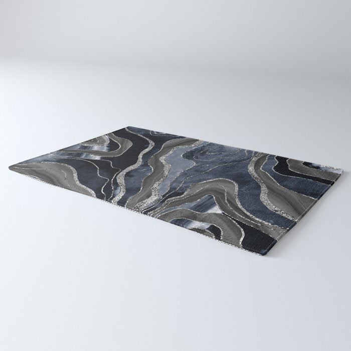 Navy Blue Black Marble Agate Silver Glitter Glam #1 (Faux Glitter) #decor #art #society6 Rug Gallery Image 3
