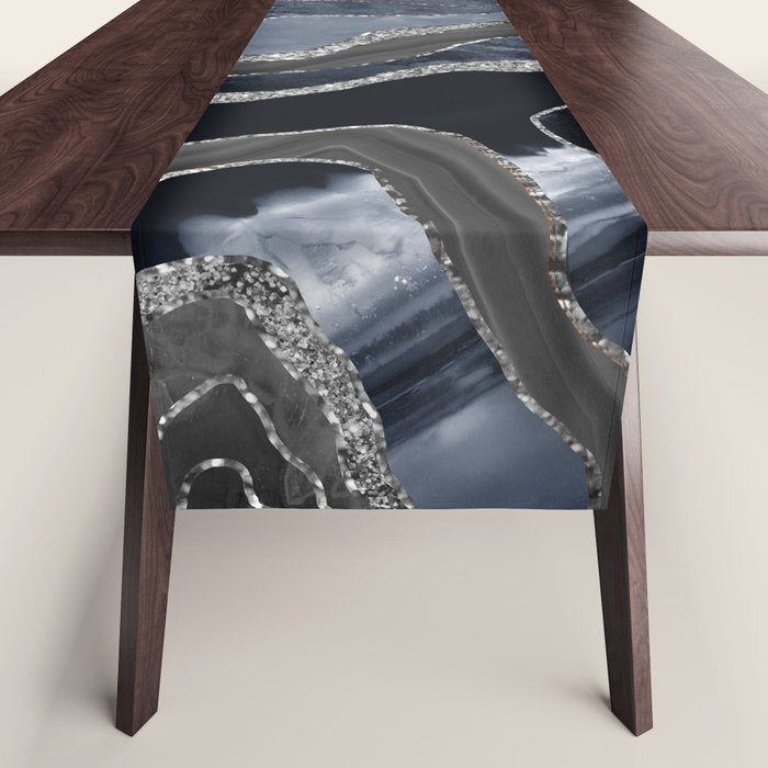 Navy Blue Black Marble Agate Silver Glitter Glam #1 (Faux Glitter) #decor #art #society6 Table Runner Gallery Image 1