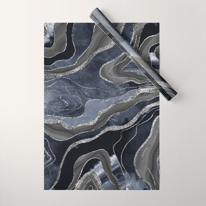 Navy Blue Black Marble Agate Silver Glitter Glam #1 (Faux Glitter) #decor #art #society6 Wrapping Paper Gallery Image 1