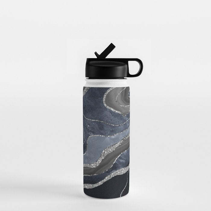 Navy Blue Black Marble Agate Silver Glitter Glam #1 (Faux Glitter) #decor #art #society6 Water Bottle Gallery Image 1