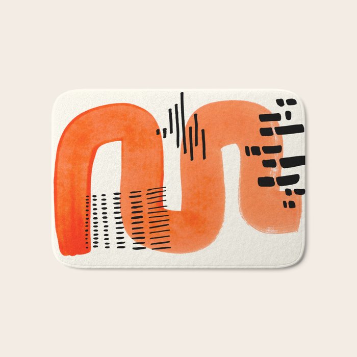 Mid Century Modern abstract Minimalist Fun Colorful Shapes Patterns Orange Watercolor Wiggle Stroke Bath Mat Gallery Image 1
