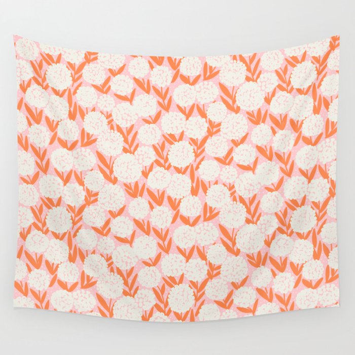 Blooming Abstract Cream and Orange Allium Flowers on Pastel Pink Wall Tapestry Gallery Image 1