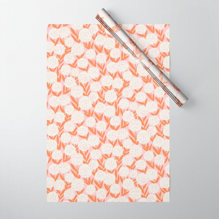 Blooming Abstract Cream and Orange Allium Flowers on Pastel Pink Wrapping Paper Gallery Image 1