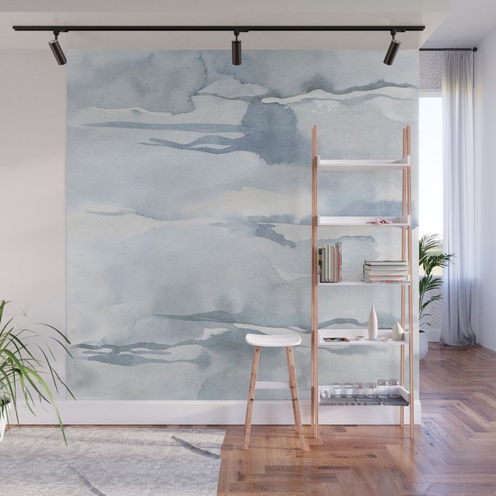 Pastel blue gray abstract watercolor brushstrokes stripes pattern Wall Mural Gallery Image 1