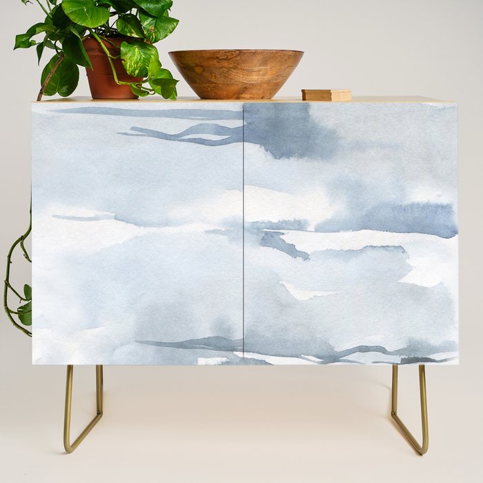Pastel blue gray abstract watercolor brushstrokes stripes pattern Credenza Gallery Image 1