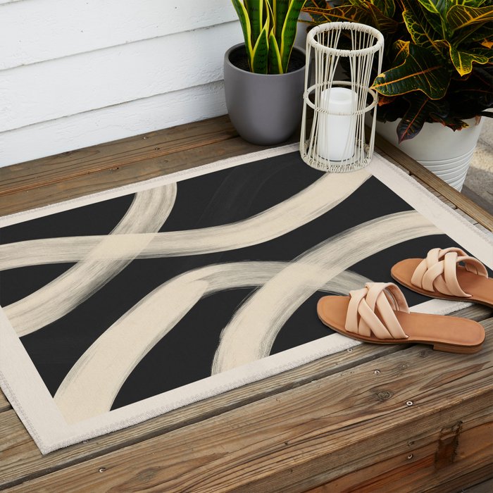 Black and White Abstract Line Art 1 Outdoor Rug Gallery Image 2