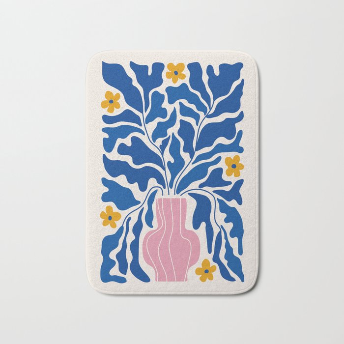 Summer Bloom: Electric Blue Leaves & Golden Poppies Bath Mat Gallery Image 1