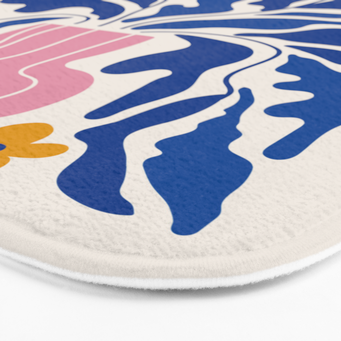 Summer Bloom: Electric Blue Leaves & Golden Poppies Bath Mat Gallery Image 3