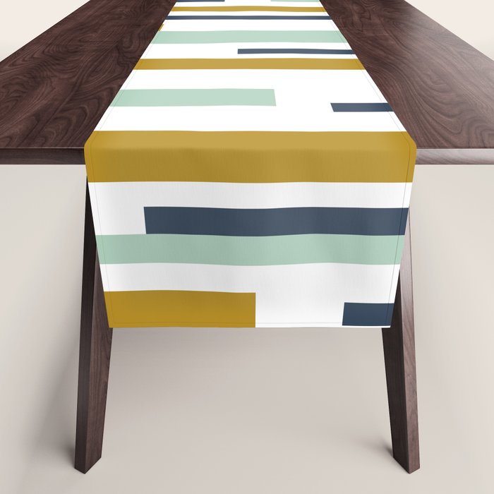 Interrupted Lines Mid-Century Modern Minimalist Pattern in Navy Blue, Teal Mint, Gold Mustard, White Table Runner Gallery Image 1