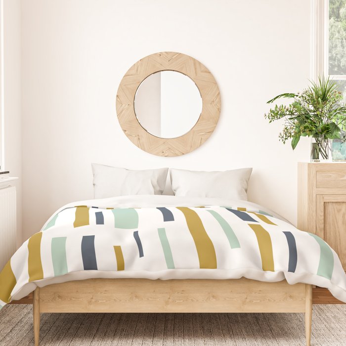 Interrupted Lines Mid-Century Modern Minimalist Pattern in Navy Blue, Teal Mint, Gold Mustard, White Duvet Cover Gallery Image 3