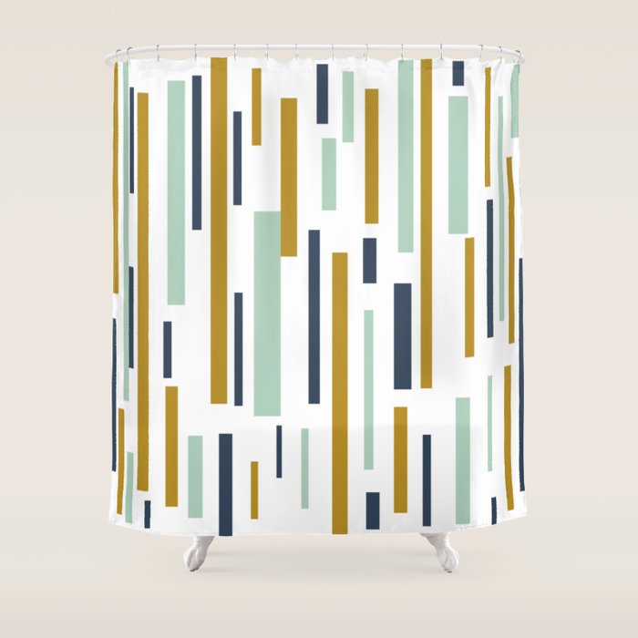 Interrupted Lines Mid-Century Modern Minimalist Pattern in Navy Blue, Teal Mint, Gold Mustard, White Shower Curtain Gallery Image 1
