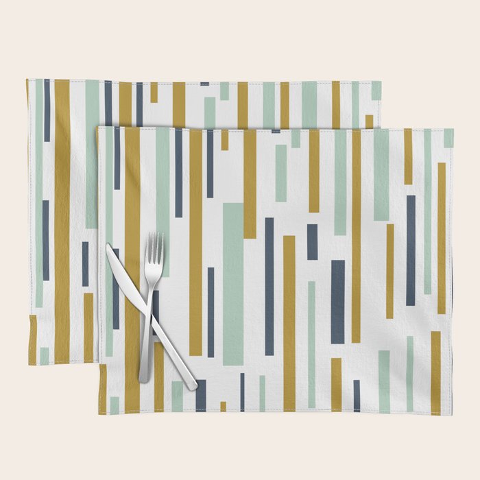 Interrupted Lines Mid-Century Modern Minimalist Pattern in Navy Blue, Teal Mint, Gold Mustard, White Placemat Gallery Image 1