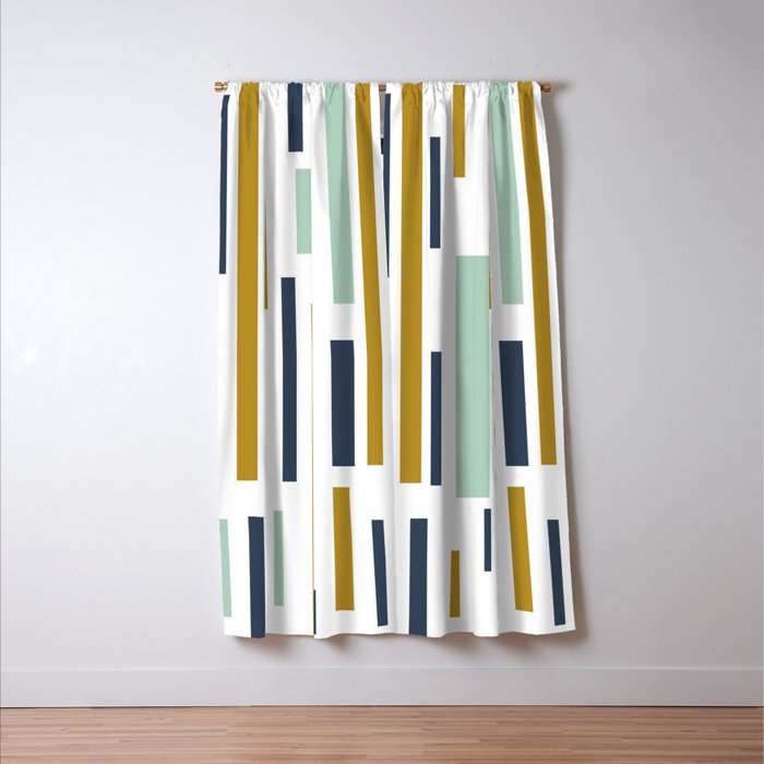 Interrupted Lines Mid-Century Modern Minimalist Pattern in Navy Blue, Teal Mint, Gold Mustard, White Window Curtain Gallery Image 3