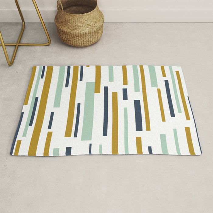 Interrupted Lines Mid-Century Modern Minimalist Pattern in Navy Blue, Teal Mint, Gold Mustard, White Rug Gallery Image 1