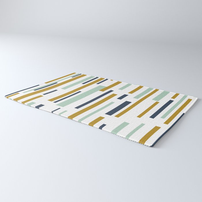 Interrupted Lines Mid-Century Modern Minimalist Pattern in Navy Blue, Teal Mint, Gold Mustard, White Rug Gallery Image 3