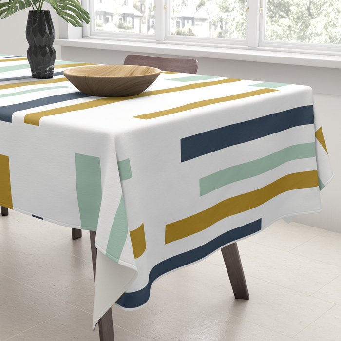 Interrupted Lines Mid-Century Modern Minimalist Pattern in Navy Blue, Teal Mint, Gold Mustard, White Tablecloth Gallery Image 3