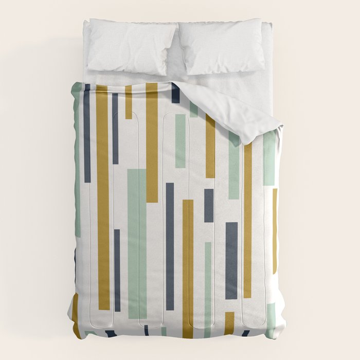Interrupted Lines Mid-Century Modern Minimalist Pattern in Navy Blue, Teal Mint, Gold Mustard, White Comforter Gallery Image 6