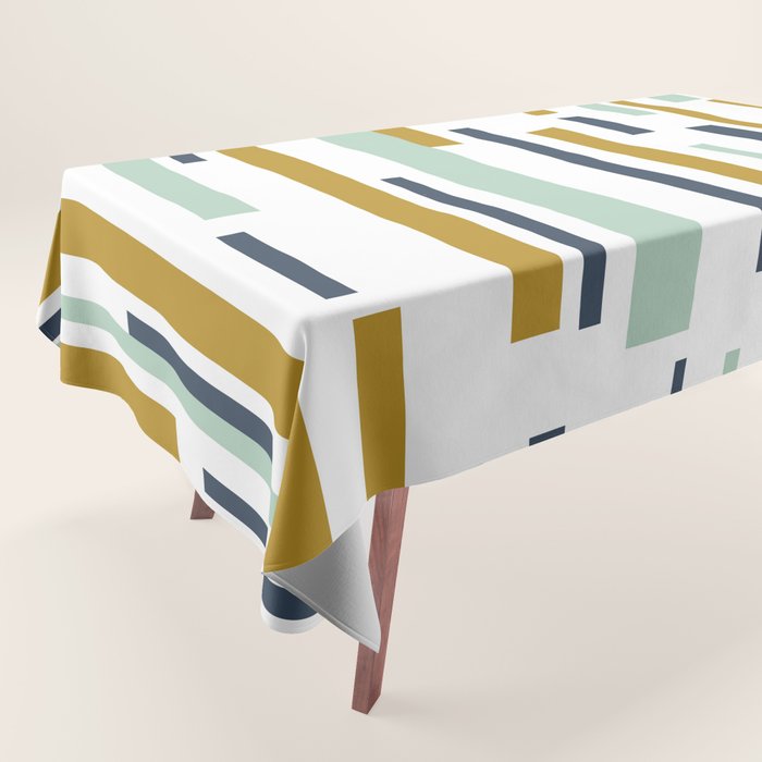 Interrupted Lines Mid-Century Modern Minimalist Pattern in Navy Blue, Teal Mint, Gold Mustard, White Tablecloth Gallery Image 1