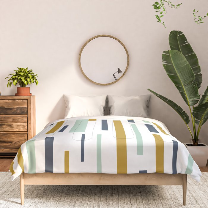 Interrupted Lines Mid-Century Modern Minimalist Pattern in Navy Blue, Teal Mint, Gold Mustard, White Comforter Gallery Image 3