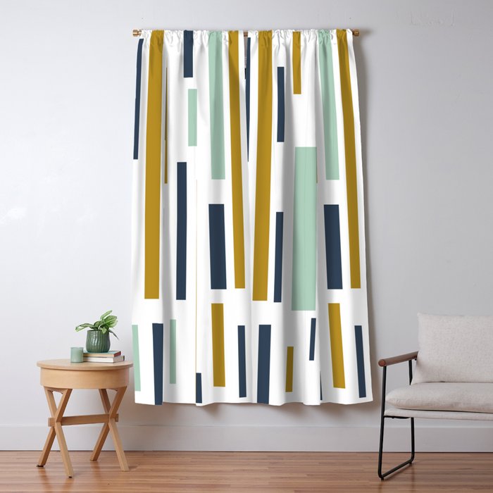 Interrupted Lines Mid-Century Modern Minimalist Pattern in Navy Blue, Teal Mint, Gold Mustard, White Window Curtain Gallery Image 5