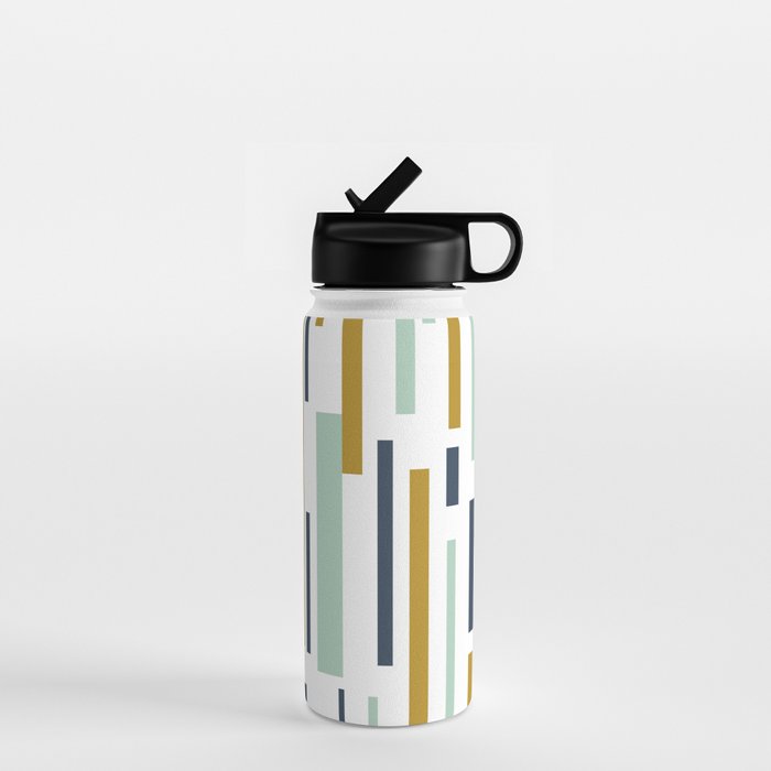 Interrupted Lines Mid-Century Modern Minimalist Pattern in Navy Blue, Teal Mint, Gold Mustard, White Water Bottle Gallery Image 1
