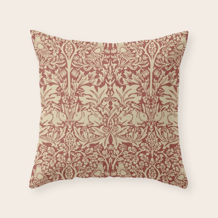 William Morris Brer Rabbit Church Red Biscuit Vintage Pattern  Throw Pillow Gallery Image 1