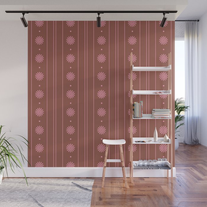 Daisy Stripes Brown and Pink Pattern Wall Mural Gallery Image 1