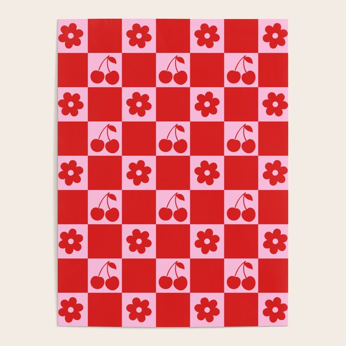 Cherry Flowers Pink & Red Checker Poster Gallery Image 1